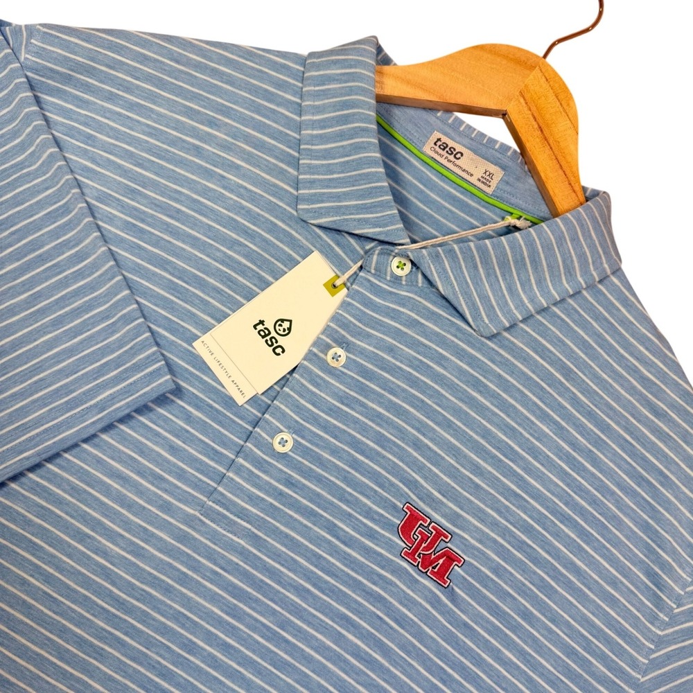 NWT Ole Miss Polo Shirt Mens 2XL Tasc Blue Stripe Football Performance Golf